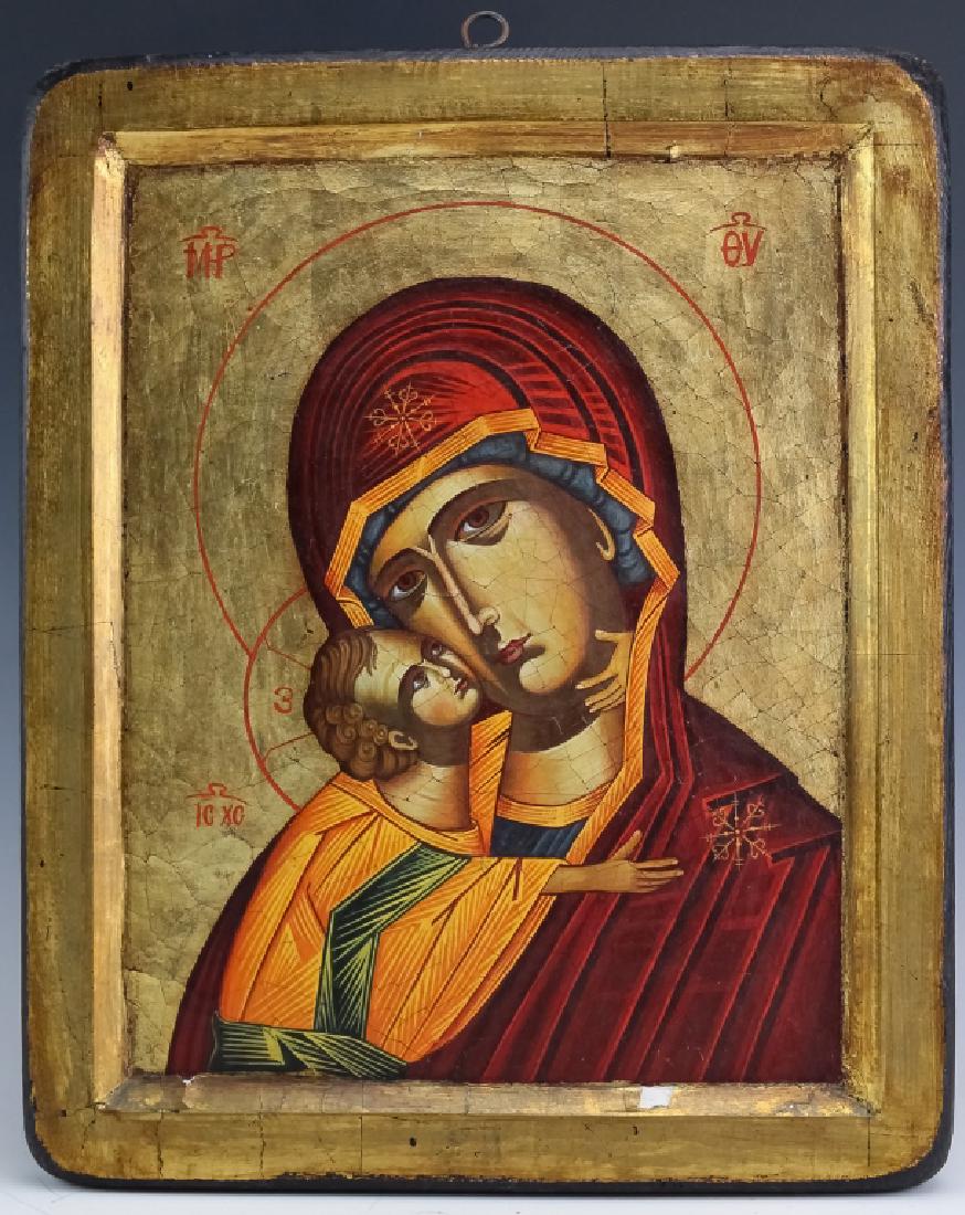 Russian Orthodox Religious Icon Painting DAMONE: Fine antique Russian Orthodox Christian painted icon. Artwork depicts Jesus with Mary, both of whom are graced with halos and on a gold gilt ground. Measures 14" x 11 1/2". No found markings nor signa