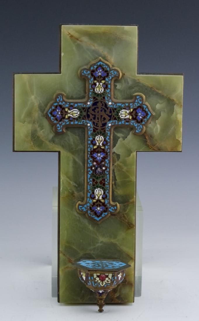 French Onyx & Champleve Cross & Font DAMONE ESTATE: French onyx cross with water font. Religious symbol features champleve enameled bronze with polychrome enamel with lidded water font. The cross and font are fixed to a green onyx base with a brass pla