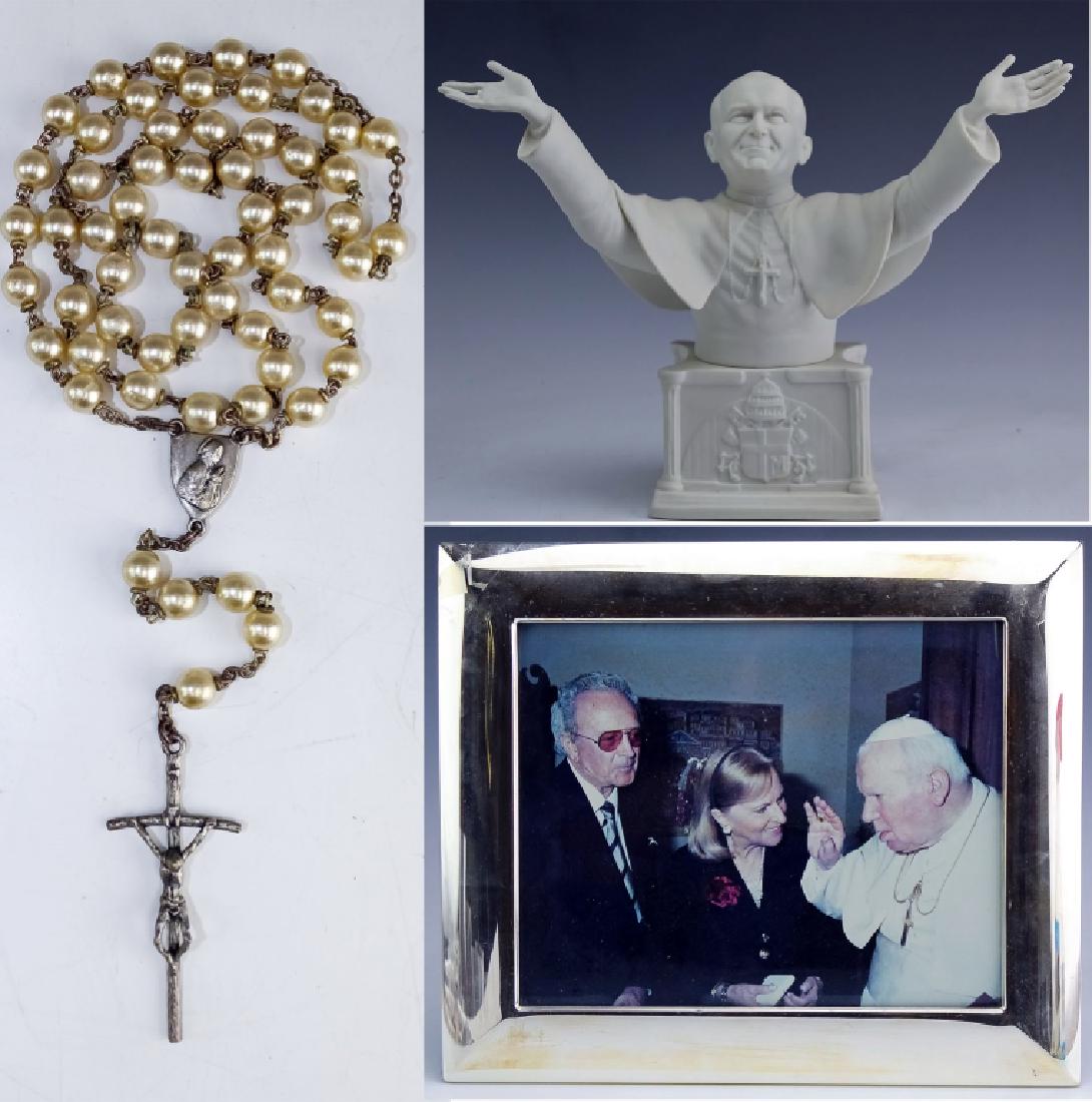 Boehm Pope John Paul Blessed Rosary & Photo DAMONE: Lot of 3 items. Boehm porcelain sculpture with blessed rosary and photograph. Features a figure of Pope John Paul II with photo of Rena Rowan And Vic Dimone. The Boehm sculpture is signed by a Boehm h