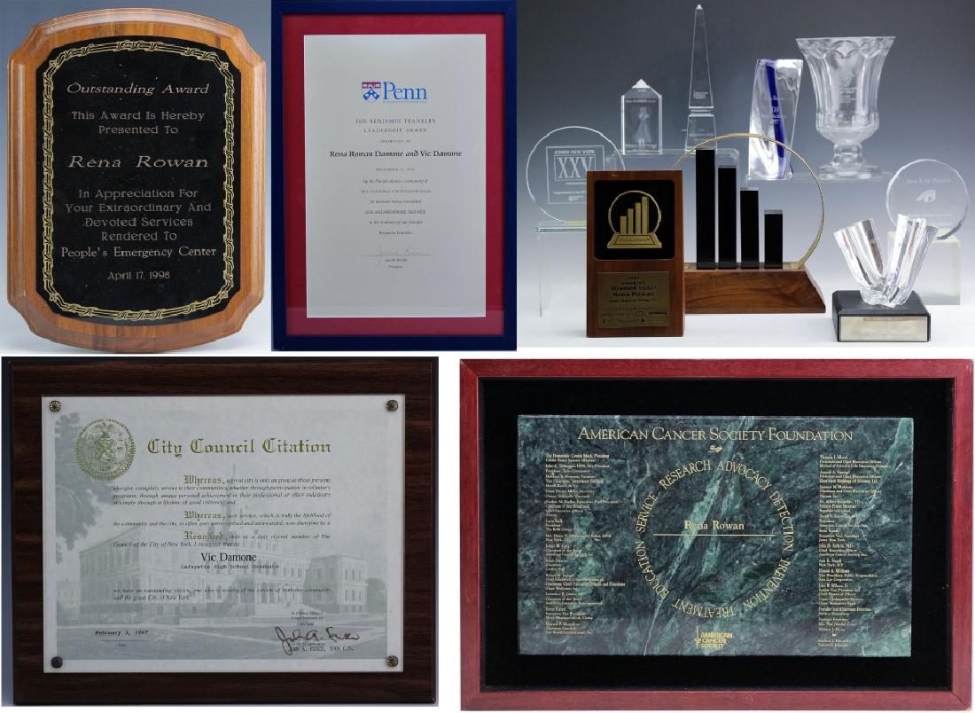 Rena Rowan & Vic Damone (13) Philanthropic Awards: Collection of various awards for philanthropic endeavors by Vic Damone and Rena Rowan. Some of the glass rewards are made by Steuben (star), Baccarat (obelisk), Kosta Boda (blue and clear glass). Size