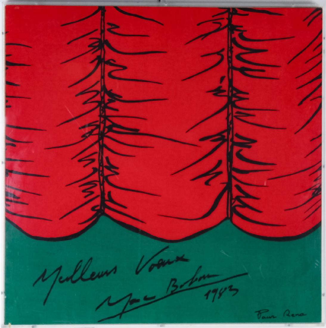 Personalized Silk Scarf For Mrs. Rena Rowan Damone: Framed silk scarf. Features a red, green and black scarf wrapped and frames in an acrylic and wood frame. The scarf reads Meilleurs vœux Marc Bolon, 1983, Pour Rena. Measures 22" x 22". Good overall 