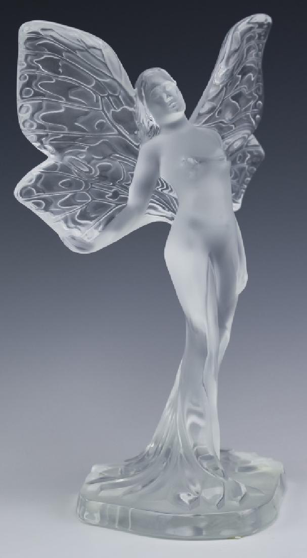 Lalique French Crysalide Glass Fairy Statue Figure: Signed winged fairy figural sculpture by Lalique. Guaranteed Authentic. Crafted of fine quality French art glass crystal. Features the "Chrysalide" design. Depicts a standing female fairy with spread