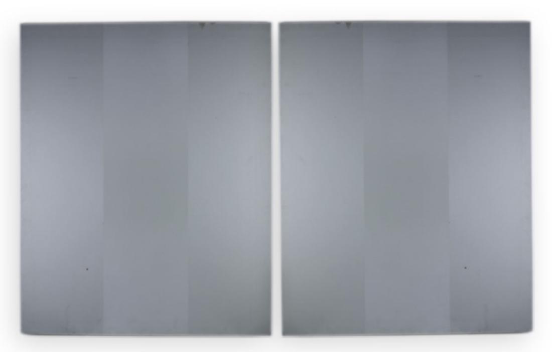 Elaine Kurtz American Minimalist Oil Painting 1976: Elaine Kurtz (born 1928) American, Guaranteed Authentic. Pair of original oil on canvas paintings. Untitled. Signed on verso in pencil and dated 76'. Unframed. Measures 50" x 40". Good / fair overall 