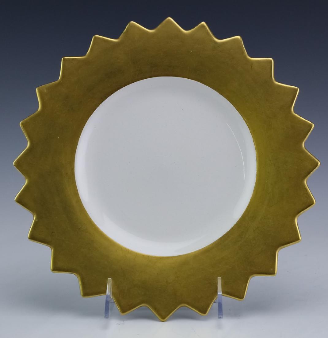 Georges Mathieu For Molin Paris France Sun Plate: Georges Mathieu for Molin French porcelain sun plate. Guaranteed Authentic. Features a sunburst form with wide gold gilt rim and white bowl. Measures 10 3/4" in diameter. Signed on base. Good overall