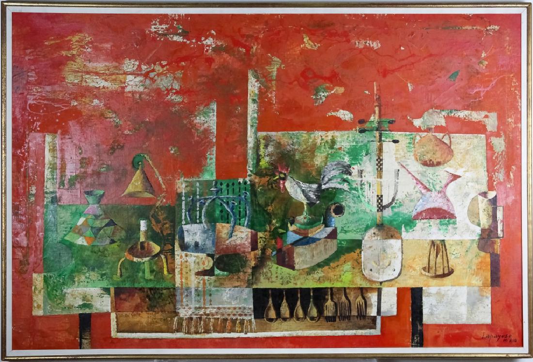 Jose Lapayese Del Rio (1926-2000) Surreal Painting: Jose Lapayese Del Rio (1926-2000) Spain. Guaranteed Authentic. Original still life oil painting on canvas. Artwork features a variety of images including a guitar, wooden spoons and a rooster all in v