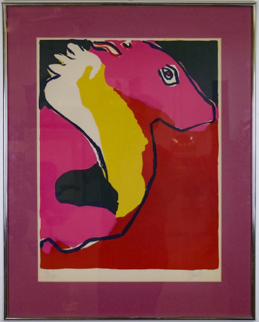 Karel Appel (1921-2006) VTG Surreal Horse LE Litho: Karel Christian Appel (1921-2006) New York/France. Guaranteed Authentic. Limited edition artist signed fantasy figural horse lithograph print. Artwork features a horse head in vibrant fantastic colors
