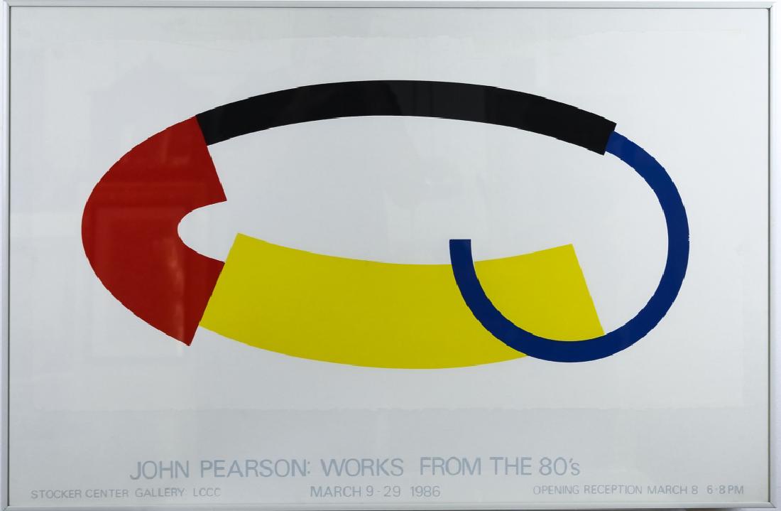 John Pearson b.1940 Serigraph Works From The 80's: John Pearson (born 1940) American. Guaranteed Authentic. Modernist serigraph on paper. Depicts a modernist abstract ovular form in blue, yellow, red, and black, on a white ground. Unsigned. Sight meas