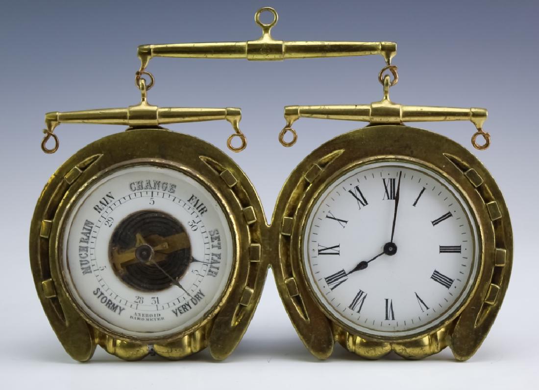 Antique Bronze Lucky Horseshoe Barometer & Clock: Antique bronze barometer and key wind clock. Features a barometer and key wind clock housed in a hanging horse bit and horseshoe form housing. Not been tested for functionality. Measures 7 1/2" x 9 3/