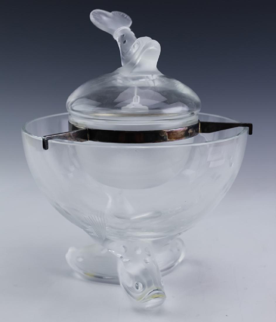 Lalique French Crystal IGOR Caviar Serving Compote: Signed caviar serving dish by Lalique. Guaranteed Authentic. Crafted of fine quality French art glass crystal. Features the "Igor" design. Comes complete with dolphin footed base, silvered retainer ri