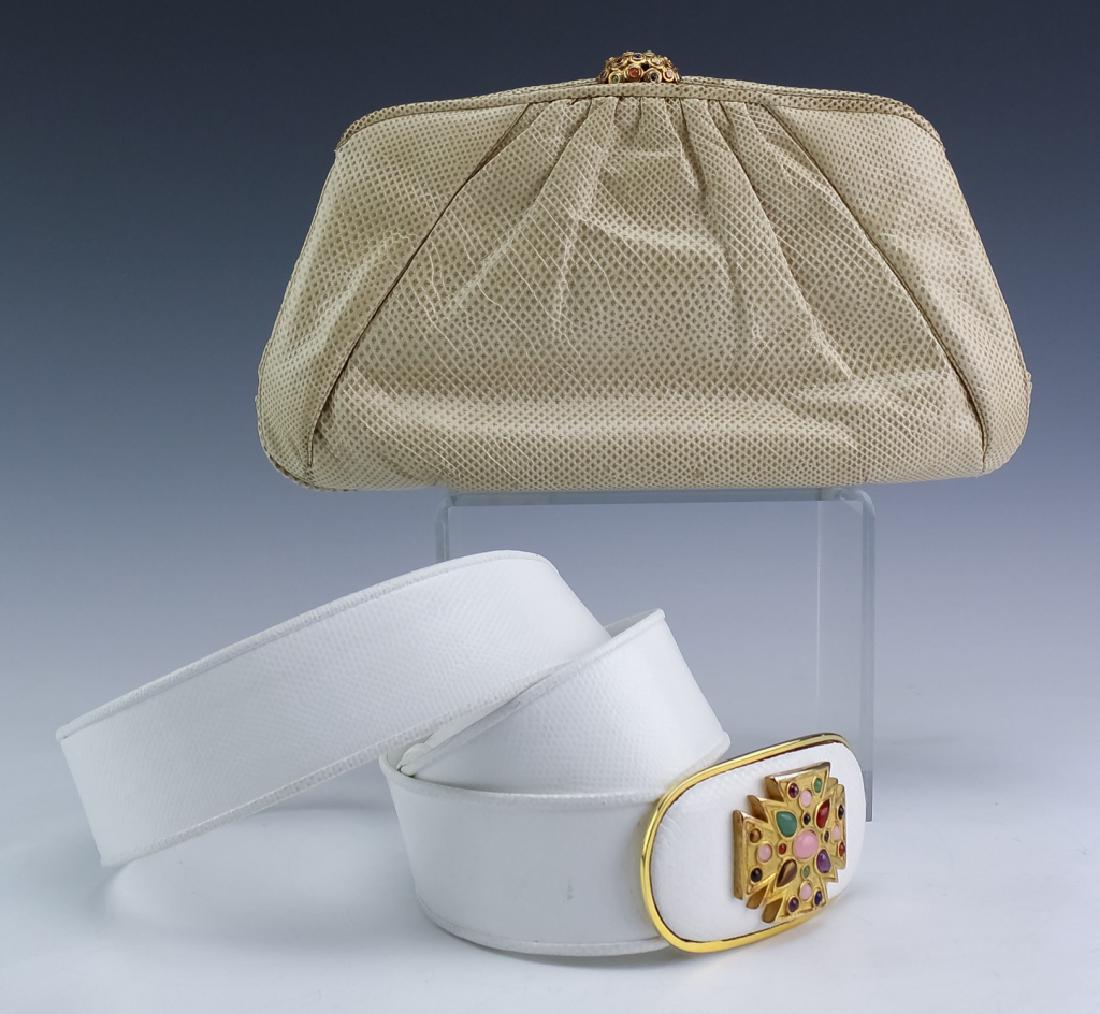 Judith Leiber LOT Snakeskin Handbag & Jeweled Belt: Judith Leiber evening clutch and white bejeweled belt. Guaranteed Authentic. Comes with a tan snakeskin handbag with jeweled closure and three compartments. Signed Judith Leiber. Measures 6 1/2" x 11"