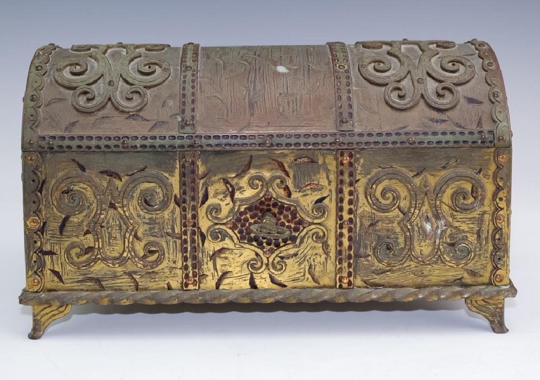 Antique Bronze Footed Lock Box Casket Chest w/ Key: Antique bronze or brass metal casket chest. Features a footed treasure chest like form with applied metal scrolled decoration as well as spiraled cable form beading and hinged double handles. Comes wi