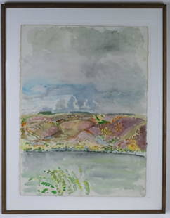 Rebecca Perehudoff 1953 Canada Watercolor Painting: Signed original watercolor on paper painting by Rebecca Perehudoff (1953- Saskatchewan Canada) Guaranteed Authentic. "Qu'Appelle Embroidery" depicts a beautilf mountainous landscape with lake. Moderni
