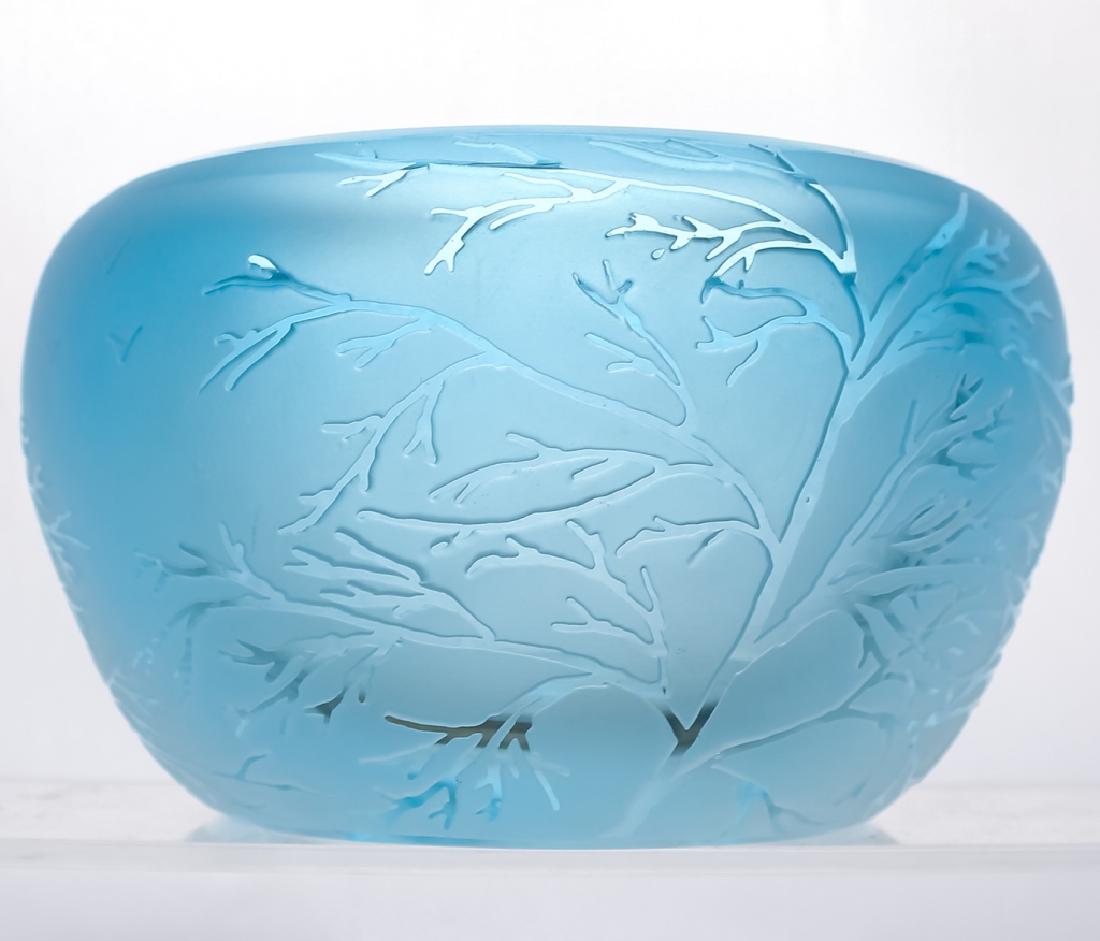 Carol Nesbitt Carved Studio Art Glass Floral Bowl: Studio art glass bowl by Carol Nesbitt (1962 Canada) Guaranteed Authentic. Ice blue to clear glass with deep frosted etch winter tree landscape design. Artist signed on bottom. Measures 4" x 6 3/4". G