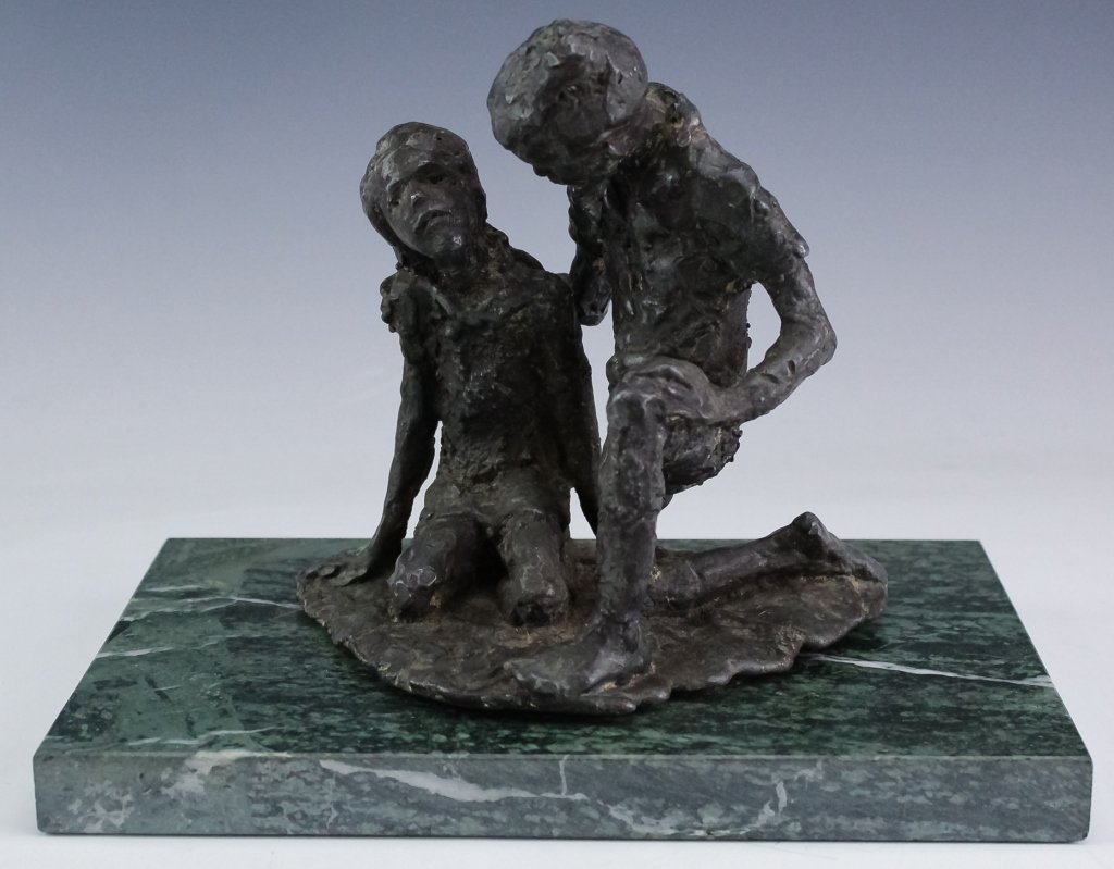 Figural Art Sculpture in the Manner of Chaim Gross: Unsigned mystery artist sculpture on stone base. Depicts a father and son kneeling. The sculpture is fixed to a green stone base. Sculpture measures 5 1/2" x 6" x 4" not including base. Base measures 