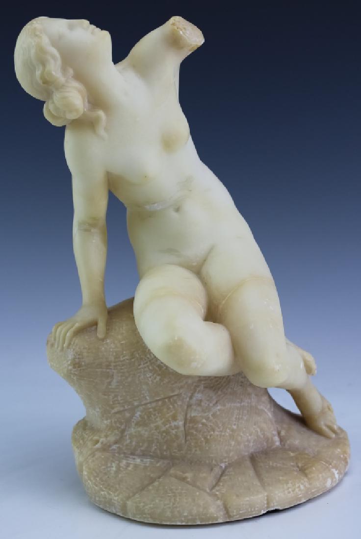Grand Tour 10" Carved Marble Nude Woman Sculpture: Grand tour renaissance style. Carved white marble sculpture. Features the form of a woman seated on a rock looking skyward. Measures 10" x 6 3/4" x 4". No apparent signature. Poor condition with resto