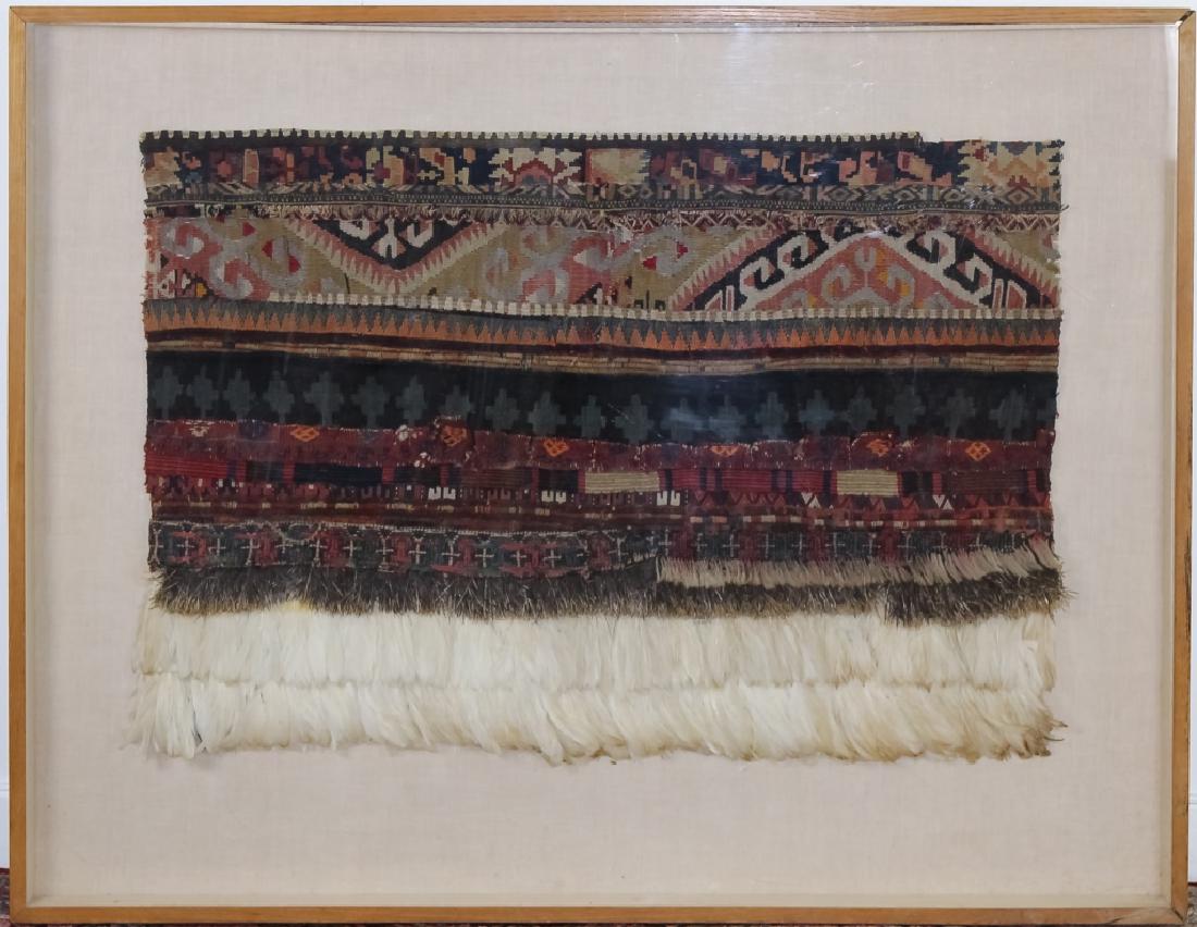 South American Textile Techniques Museum Exhibit: Deaccessioned Pre-Columbian hand woven textile exhibit. Displays different weaving techniques and patterns of antique fabrics, possibly Chancay. Mounted in a linen backed shadowbox display frame. Acce