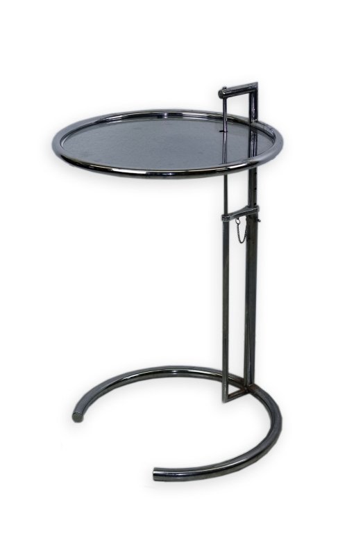 Eileen Gray Adjustable Chrome & Glass Table E1027: Eileen Gray chrome and glass adjustable table. Features a chrome plated tube steel body with a glass insert. Has the ability to rise to up to 34 1/2" tall with a 20" diameter. Fair overall condition w