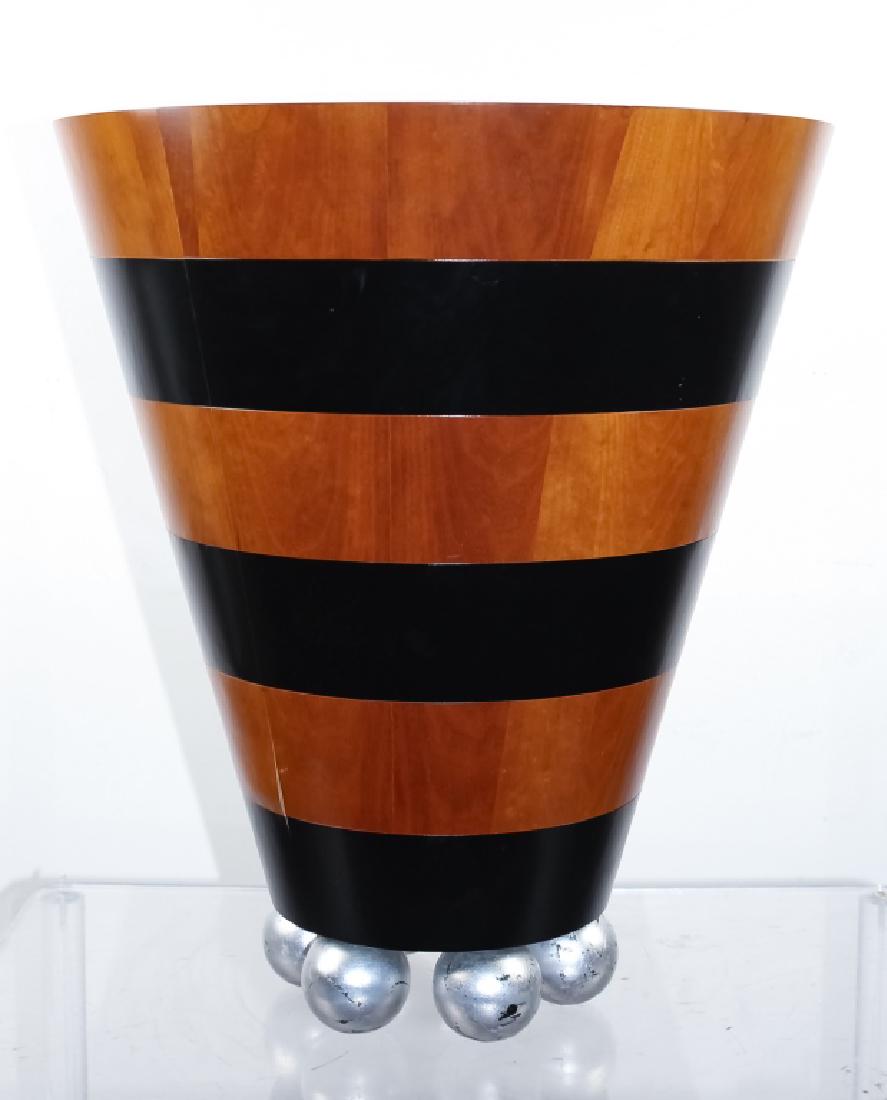 20th C. Designer Modern Tapered Wood Table Stand: Contemporary designer style round side table. Crafted of laminated ebonized maple and cherry stripes on an inverted cone shape. Raised on silvered ball feet. Artist signed. Retailed by Ruth Livingston