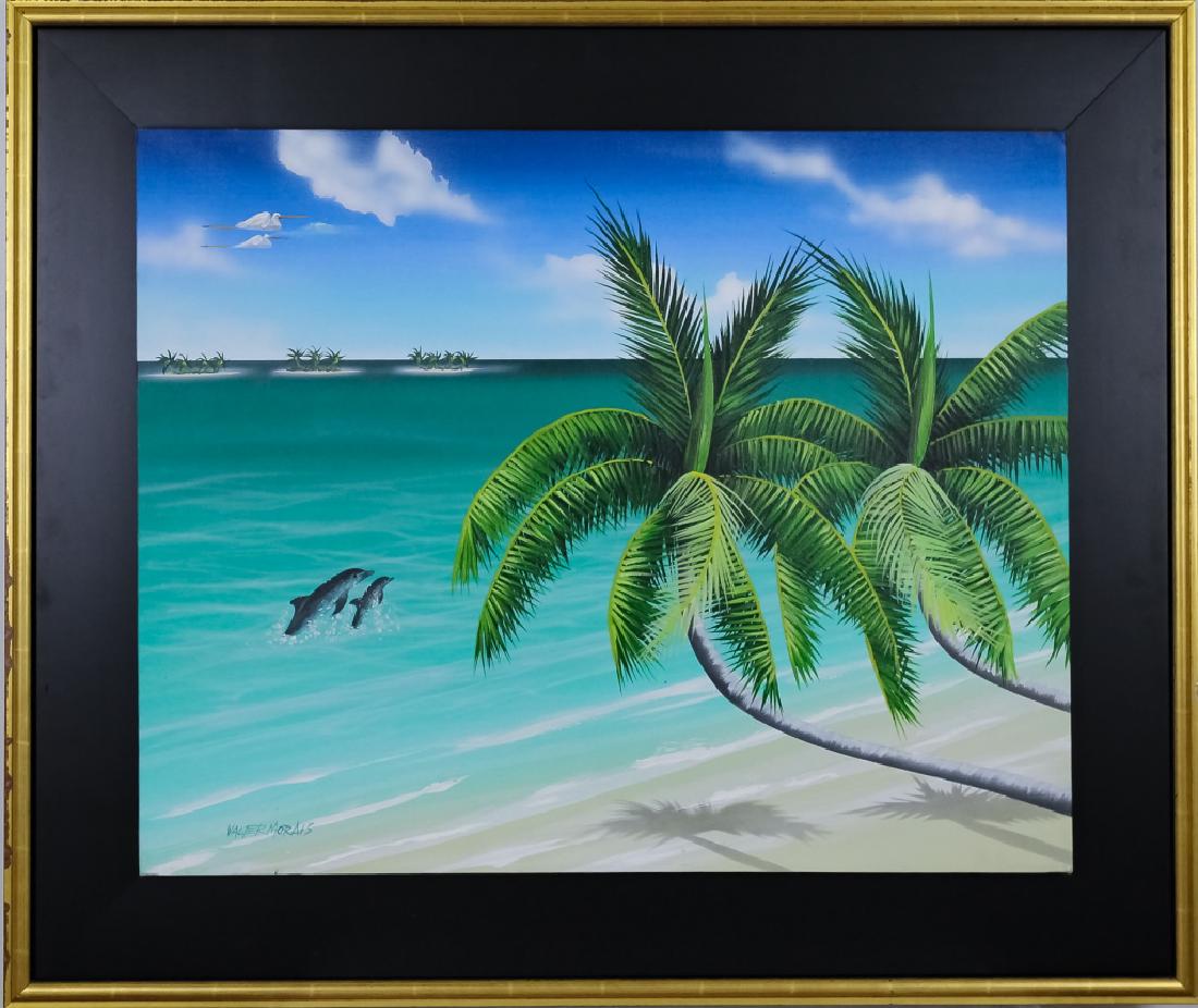 Valter Morais Brazilian Seascape Art Oil Painting: Signed original acrylic on canvas painting by Valter Morais (20th-21st century Brazil) Artwork depicts a beautiful beach scene complete with dolphins and flying herons. Large tropical palm trees domin