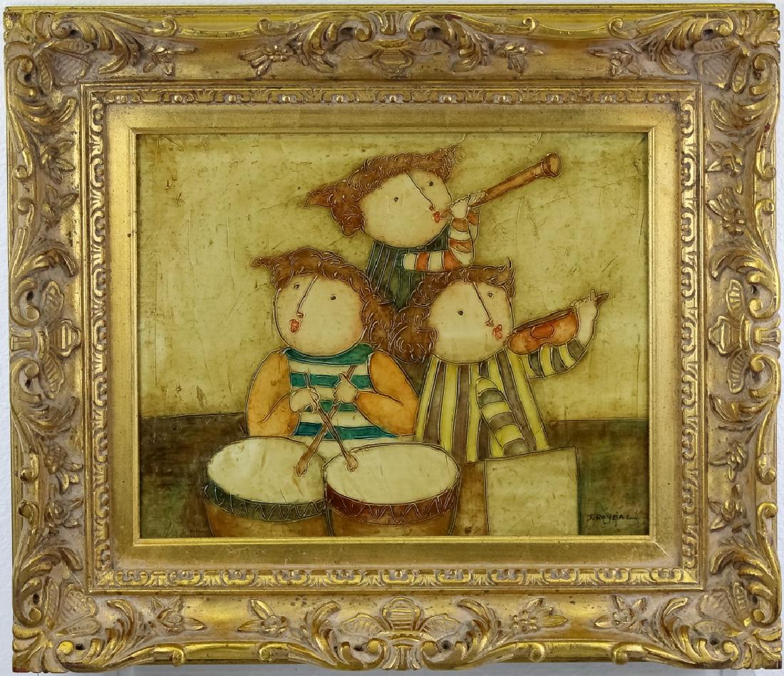 Joyce Roybal Whimsical Puffy Band Oil Art Painting: Joyce Roybal (b 1955) American, France. Original oil on canvas painting. Artwork depicts a group of whimsical puffy people playing instruments. Signed lower right. Work measures 15 1/4" x 19 1/4". Hou