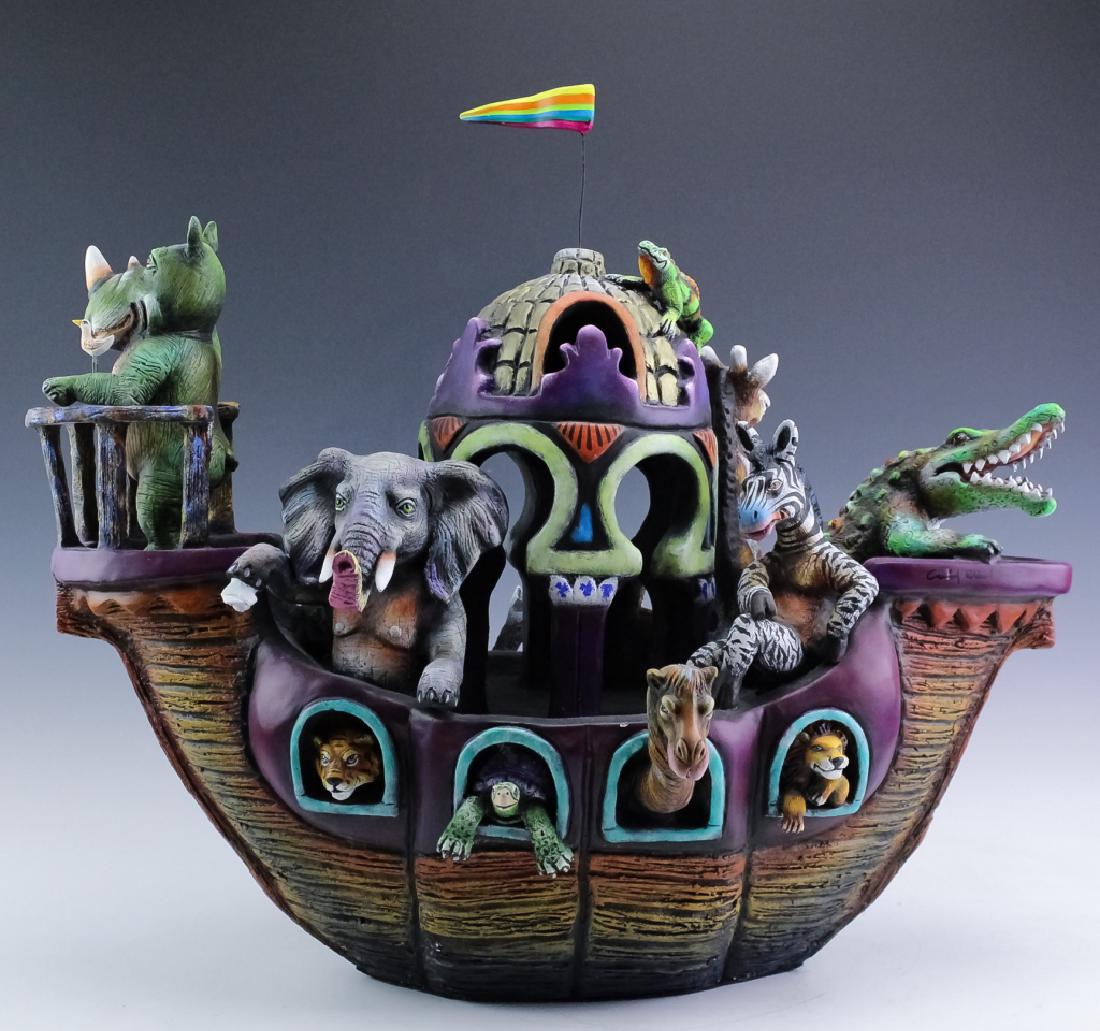 Carlos Albert Noah's Ark Figural Animal Sculpture: Signed limited edition mixed media sculpture by the collaborative team Carlos Munoz and Albert Ickenroth. Crafted of traditional Mexican folk art papier mache and plaster. Features a Noah's Ark design