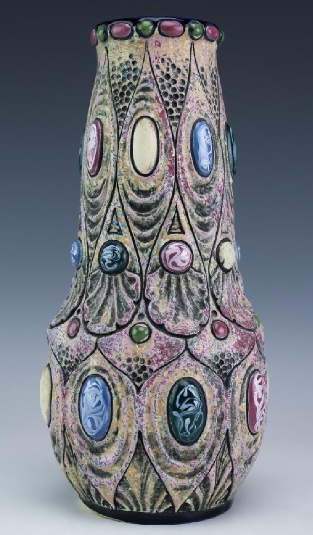 Art Deco Amphora Studio Pottery Art Jeweled Vase: Amphora Czech studio art pottery bejeweled mantle vase. Sculpture features pastel and neutral colors throughout with multiple designs on inlaid glass jewels. Measures 10 1/2" x 5". Good overall condit