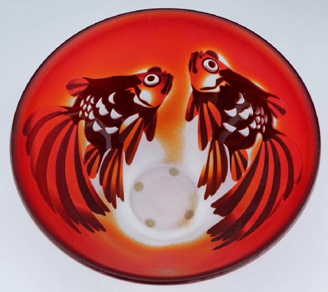 Paul Hoff for Kosta Cameo Art Glass Goldfish Bowl: Signed Paul Hoff designed for Kosta art glass bowl. Features cameo etched glass in deep red to orange color. Depicts a pair of goldfish swimming on sides. Signed Kosta Hoff. Measures 5 1/2" x 8" Good