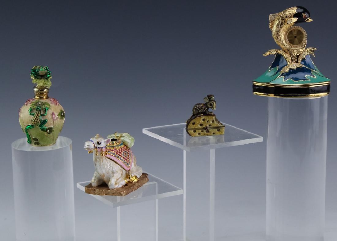 Lot of 4 Enamel & Jeweled Metal Figurines & Boxes: Collection of enamel boxes and figurines. Comes with Jay Strongwater mouse with cheese box as well as several other unmarked figurines. One contains an untested clock. Range in size from 1 5/8" x 1 5/