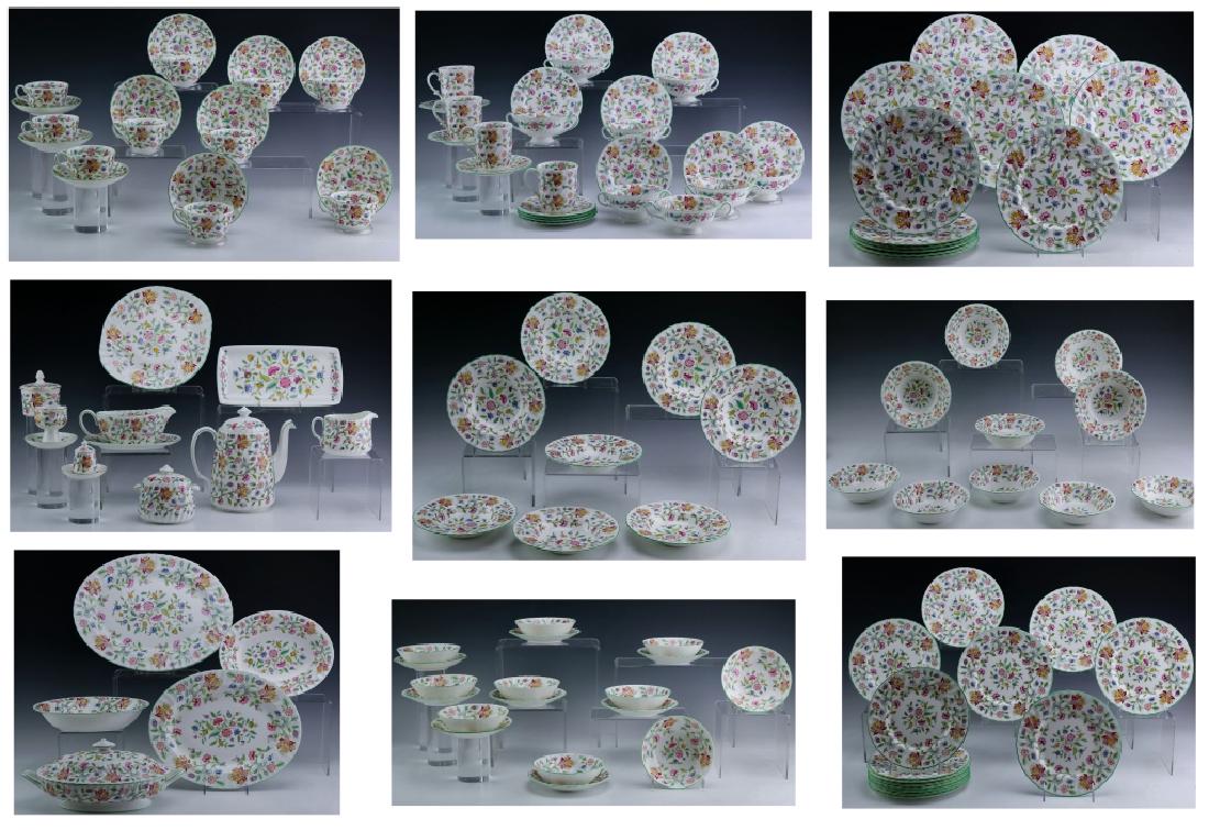 128 Pcs Minton Haddon Hall English Bone China Set: Estate collection of 128 Piece English Bone China set by Minton. Dinnerware features the Haddon Hall floral pattern. Comes with (8) 2 1/4" tall footed cream soup bowls and under plates, (4) 3 5/8" cof