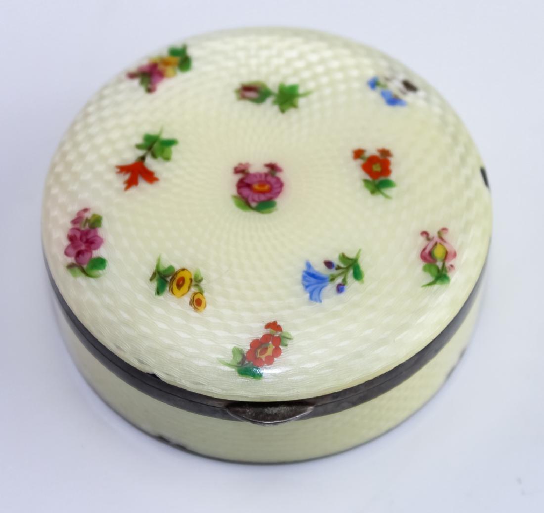 VTG Sterling Silver Floral Guilloche Trinket Box: Vintage guilloche enamel and sterling silver floral motif trinket pill box. Features engine turn design with a yellow cream colored and enamel and multiple flowers on the lid. Marked with monogram on 