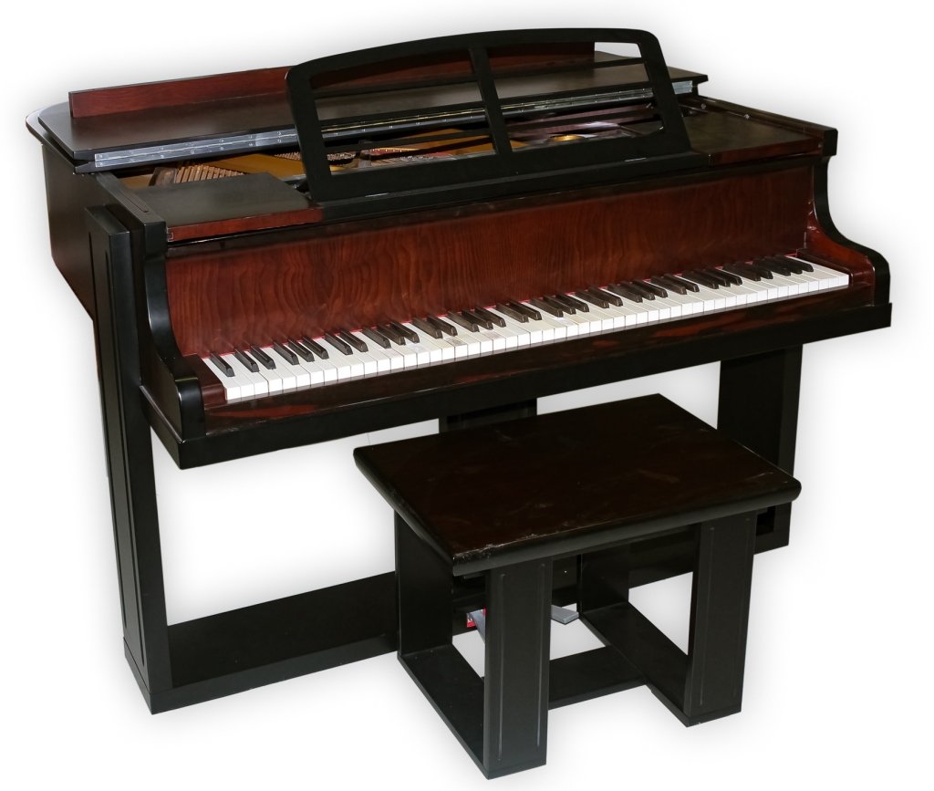 Custom French Art Deco Style Petite Grand Piano: Custom crafted petite grand piano. Designed in the French Art Deco style. Features exotic wood veneered case with eboinized wood details. Very nice sound. Unbranded. Measures 40" x 54" x 57" Good cond