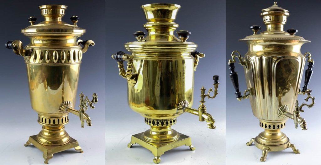 Estate Collection 3 Antique Russian Brass Samovars: Lot of three antique Russian samovars. All crafted from brass with ornate spouts and ebony handles. Measures 16" x 12", 19 1/2" x 13" , and lastly 23" x 14". These would be wonderful for display. All