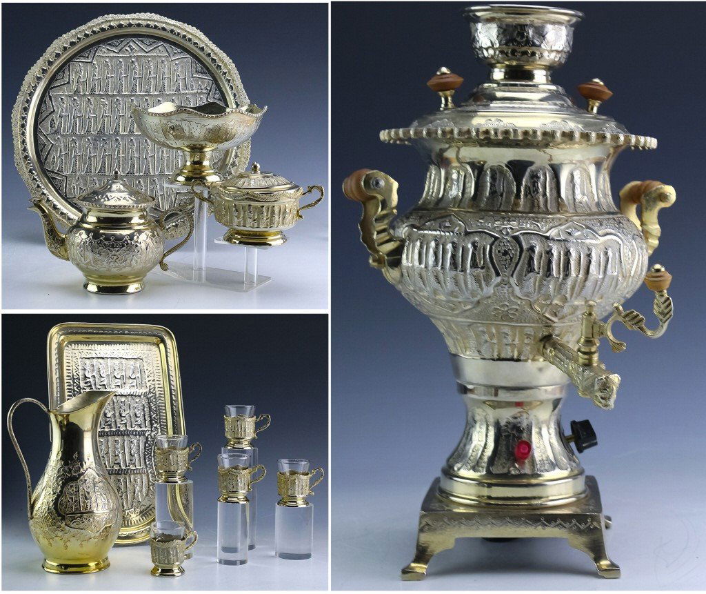 Old Persian 12 Piece Silver Plated Samovar Tea Set: Vintage silver plate Persian 12 piece samovar coffee/tea set. Features ornate classical figural design on each piece. Set includes an electric samovar, 2 serving trays, a teapot shaped creamer, covere