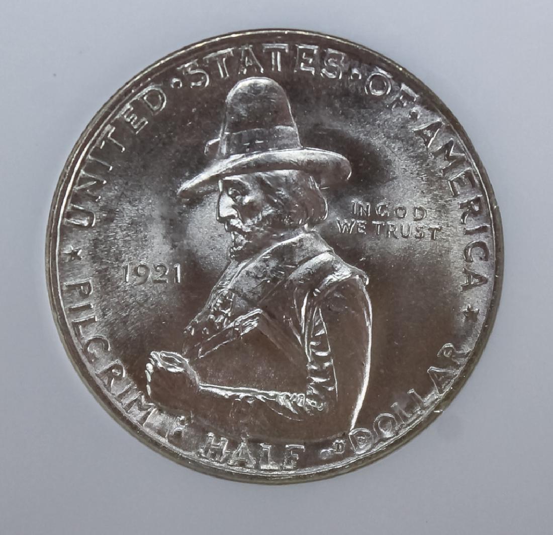 1921 NGC MS64 Pilgrim Commememorative Half Dollar: NGC graded MS 64 silver commemorative United States Pilgrim half dollar, fifty cent piece. This American coin is housed in a sealed NGC holder. Good overall condition. Provenance: From a prominent col