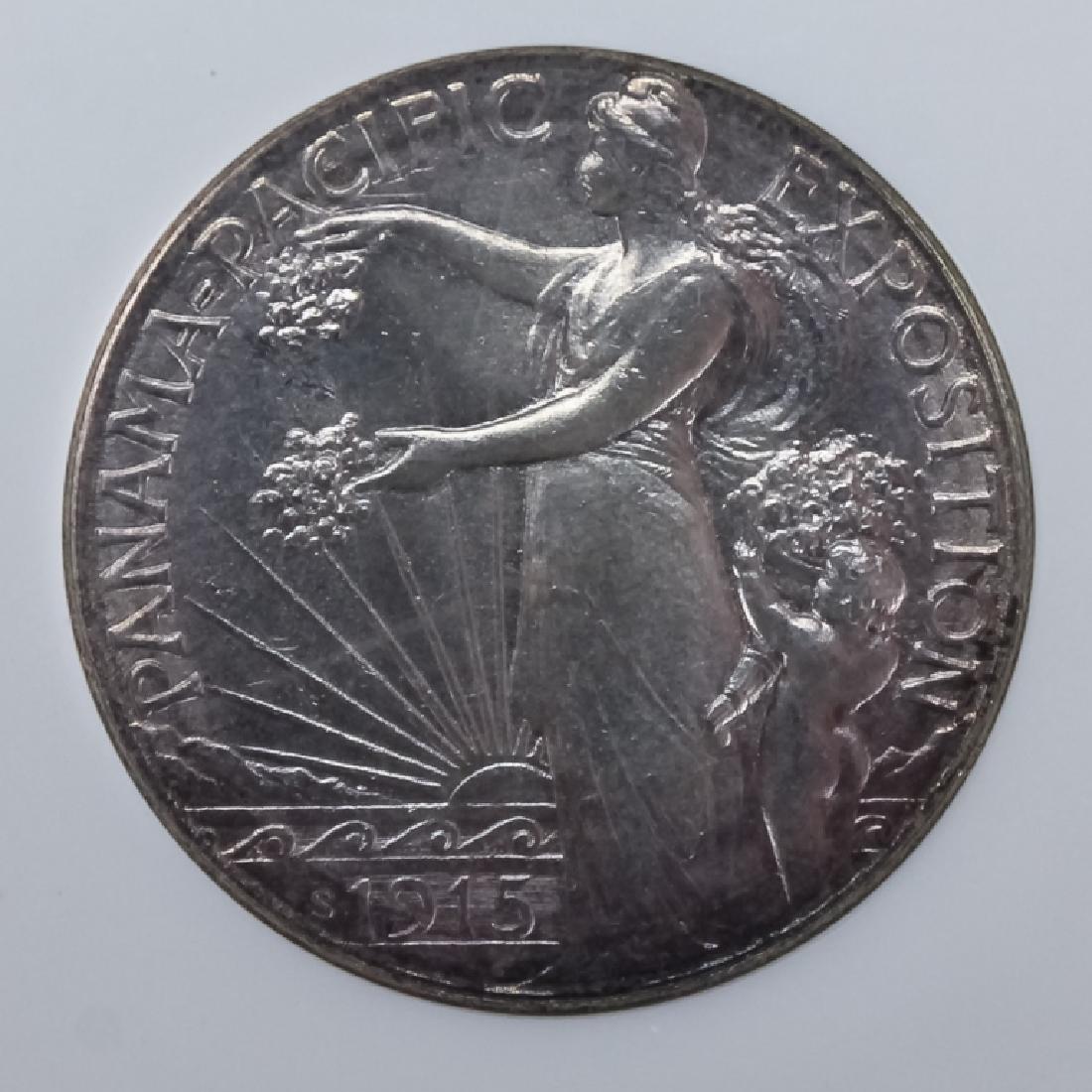 NGC MS64 1915 S Pan Pac Commem Half Dollar Coin: NGC graded MS 64 1915-S Panama Pacific United States, silver commemorative half dollar fifty cent piece. This American coin is housed in a sealed NGC holder. Good overall condition. Provenance: From a