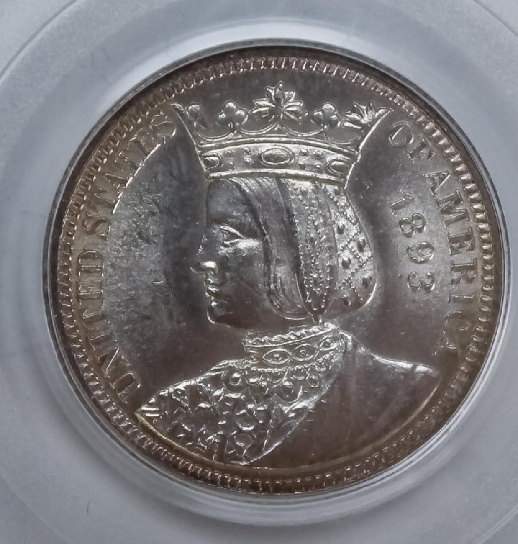 1893 PCGS MS62 Isabell Commem Quarter Dollar Coin: 1893 PCGS graded MS 62 Isabella Columbian, Board Of Lady Managers, silver commemorative United States half dollar, fifty cent piece. This mint state American coin comes in an older generation 3 PCGS g