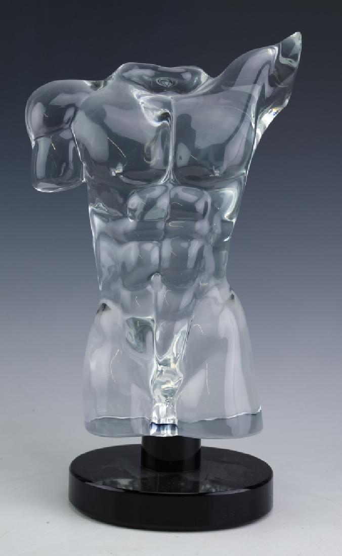 Dino Rosin Murano Art Glass Nude Adonis Sculpture: Large Murano Italy sculpture By Dino Rosin. Crafted of fine quality Italian hand blown studio art glass. Depicts a modern nude male torso on a black glass base. Signed on the base Dino Rosin. Measures