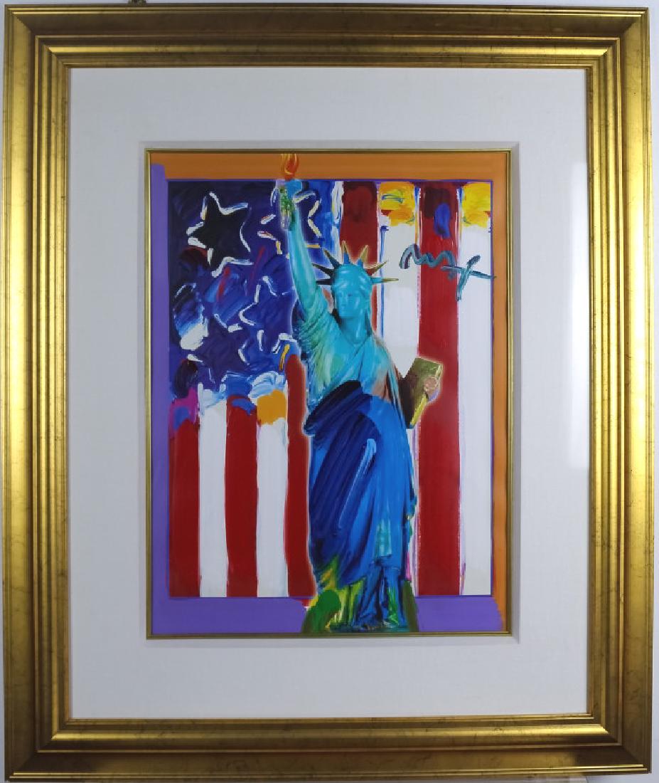Peter Max 1937- Pop Art Statue of Liberty Painting: Signed original mixed media painting by Peter Max (1937- New York / Germany) "God Bless America III" Depicts the Statue of Liberty with the American Flag backdrop. Housed in a gold leaf frame with lin