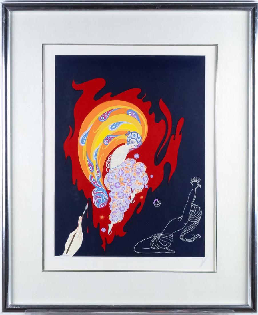 ERTE Russian Art Deco "Oriental Tale" LE Serigraph: Signed and numbered limited edition serigraph print by Romain De Tirtoff "Erte" (1892-1990 Russian Federation / France / New York) "Oriental Tale" depicts a fire harem dancing genie emerging from the