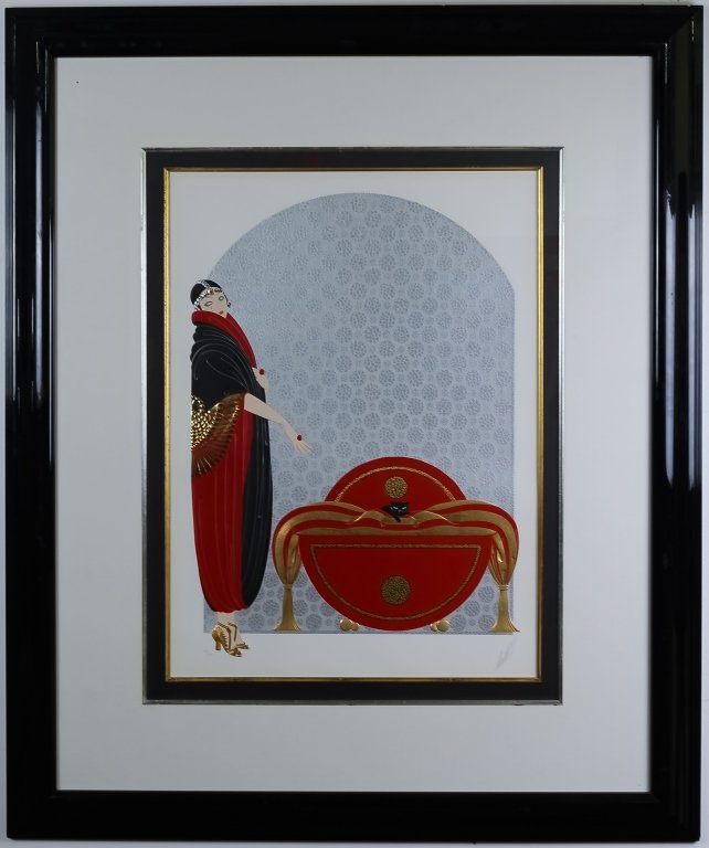 ERTE 1892-1990 Art Deco Female & Cat LE Serigraph: Signed and numbered limited edition embossed serigraph print by Romain De Tirtoff "Erte" (1892-1990 Russian Federation / France / New York) "Emerald Eyes" depicts a Deco style beauty with green eyes n