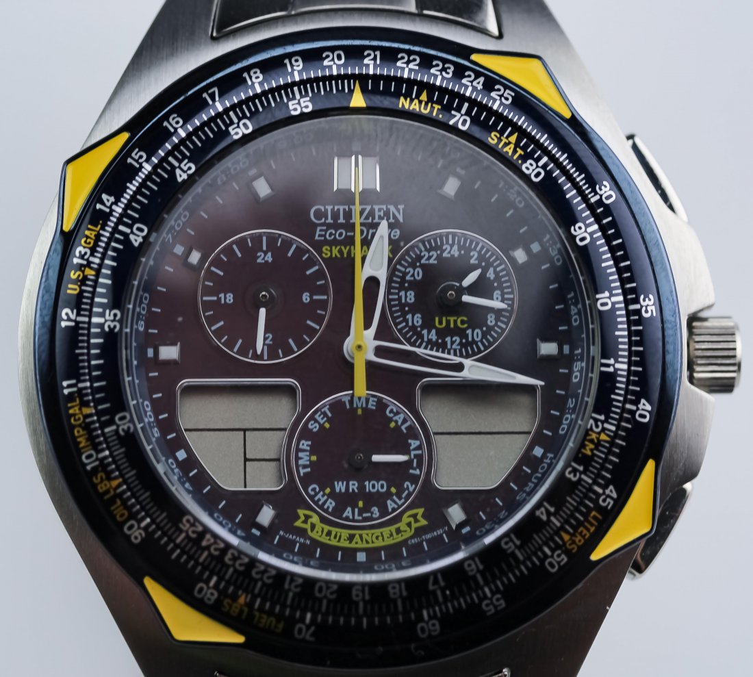 Citizen Eco Drive Skyhawk Blue Angles Chrono Watch: Citizen Eco Drive Sky Hawk Blue Angles chronograph watch. Reference C651-T000959 HST. Features a quartz movement with chronograph function and digital functions. Case measures 44mm wide. Fits up to an