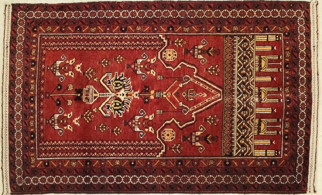 East Anatolian Hand Woven Niche Wool Prayer Rug: Old hand woven prayer rug. Naturally dyes applied for color. Anatolian in pattern featuring multiple niche designs and scroll patterns. Measures 54" x 32 1/2". Good overall condition with some wear co