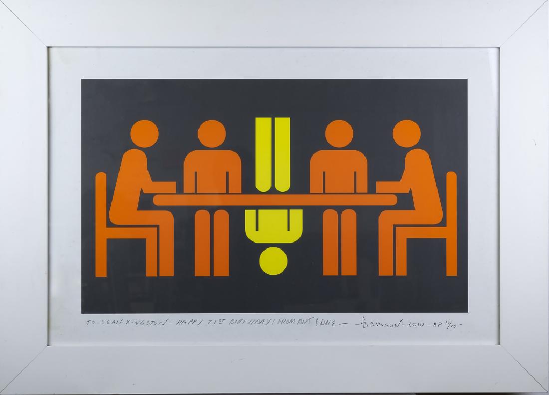 Stephen Gamson b.1965 Florida Modernist L/E Print: Signed and numbered artist's proof print by Stephen Gamson (1965- Florida) Depicts a modernist dinner table scene with seated figures in the Pop Art style. Artist signed lower right, Artist's Proof nu