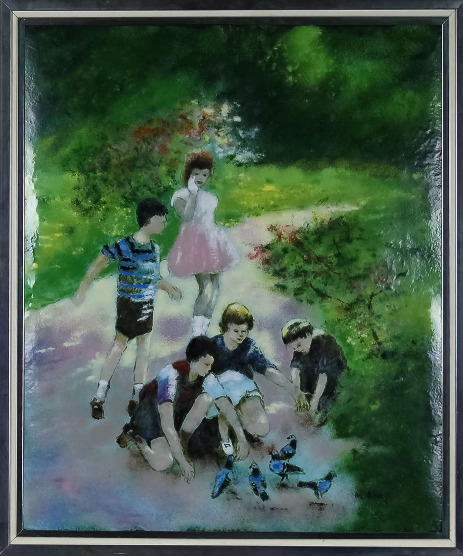 Max Karp (1916-1999) American Enamel On Copper: Max Karp (1916-1999) American, enamel on copper work. Depicts a group of children feeding and playing with birds with a girl and boy watching nearby. Signed lower right. Sight measures 24" x 19 3/4".