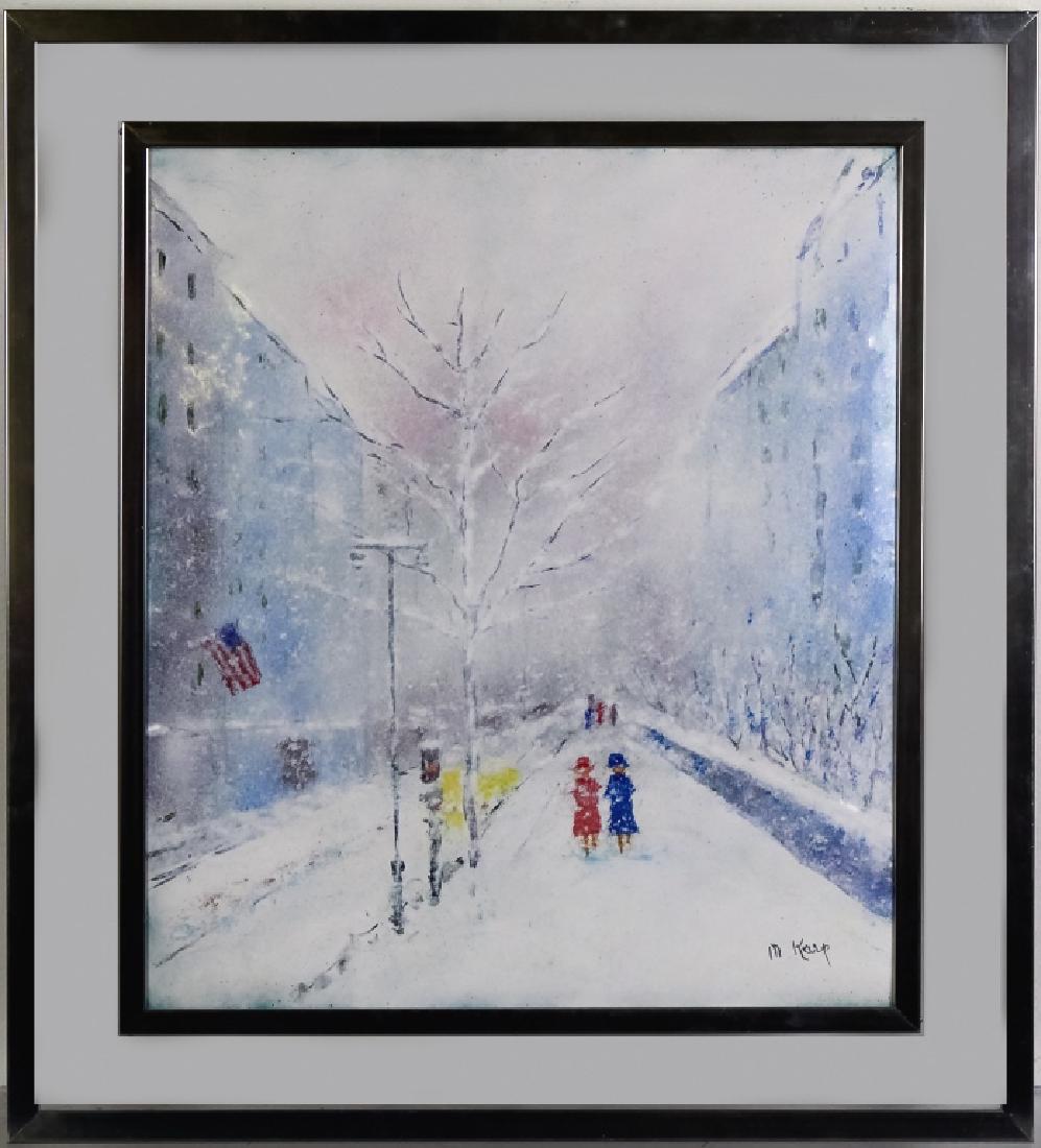 Max Karp Winter New York City NYC Enamel On Copper: Max Karp (1916-1999) American, enamel on copper landscape painting. Artwork depicts figures walking through the snow with an American flag to the left and buildings on both sides. Thought to be New Yo
