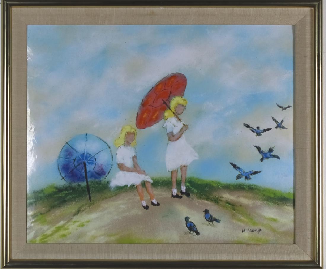 Max Karp (1916-1999) Enamel On Copper Art Painting: Max Karp (1916-1999) American, enamel on copper landscape painting. Artwork depicts a pair of young girls with umbrellas, on a hill, feeding the birds. Signed lower right. Sight measures 13 1/4" x 16