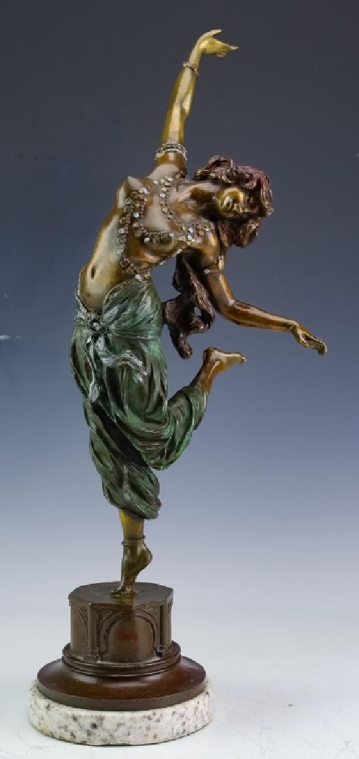 After Claire JR Colinet 1880-1950 Bronze Statue: After Claire Jeanne Roberte Colinet (1880-1950) France Belgium. Crafted of fine quality cast bronze with white marble base. Depicts a semi nude Art Deco Female dancer. Signed on the base C. J.R. Colin