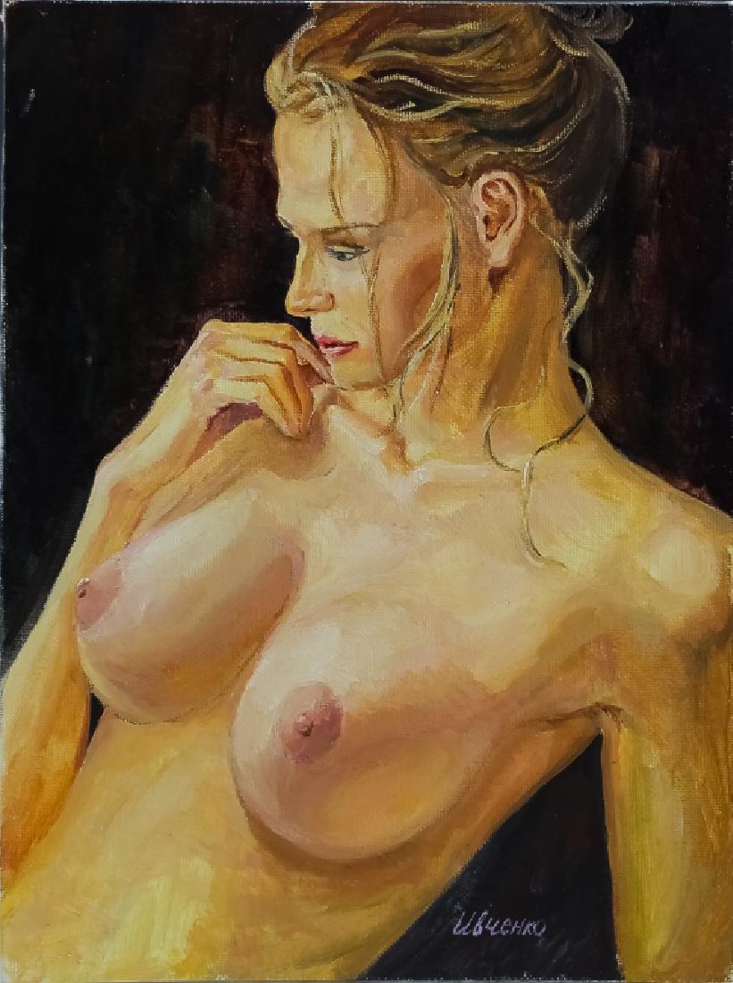 Olga Ivchenko Russian Female Nude Oil Painting: Signed original oil on artist board painting by Olga Ivchenko (20/21st century Russian Federation) "Denise" depicts a beautiful nude female in a contemplative pose. Artist signed lower right. Signed,