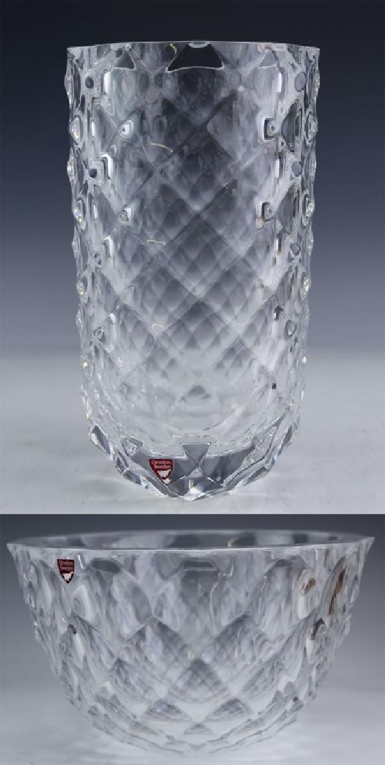 Lot Orrefors Berit Johansson Crystal Vase & Bowl: Berit Johansson for Orrefors Swedish crystal vase and bowl. Features a 9" x 5 1/4" modernist vase and matching 5" x 8 1/2" bowl. Dimples and ribbed surface gives these a wonderful play of light. Good 