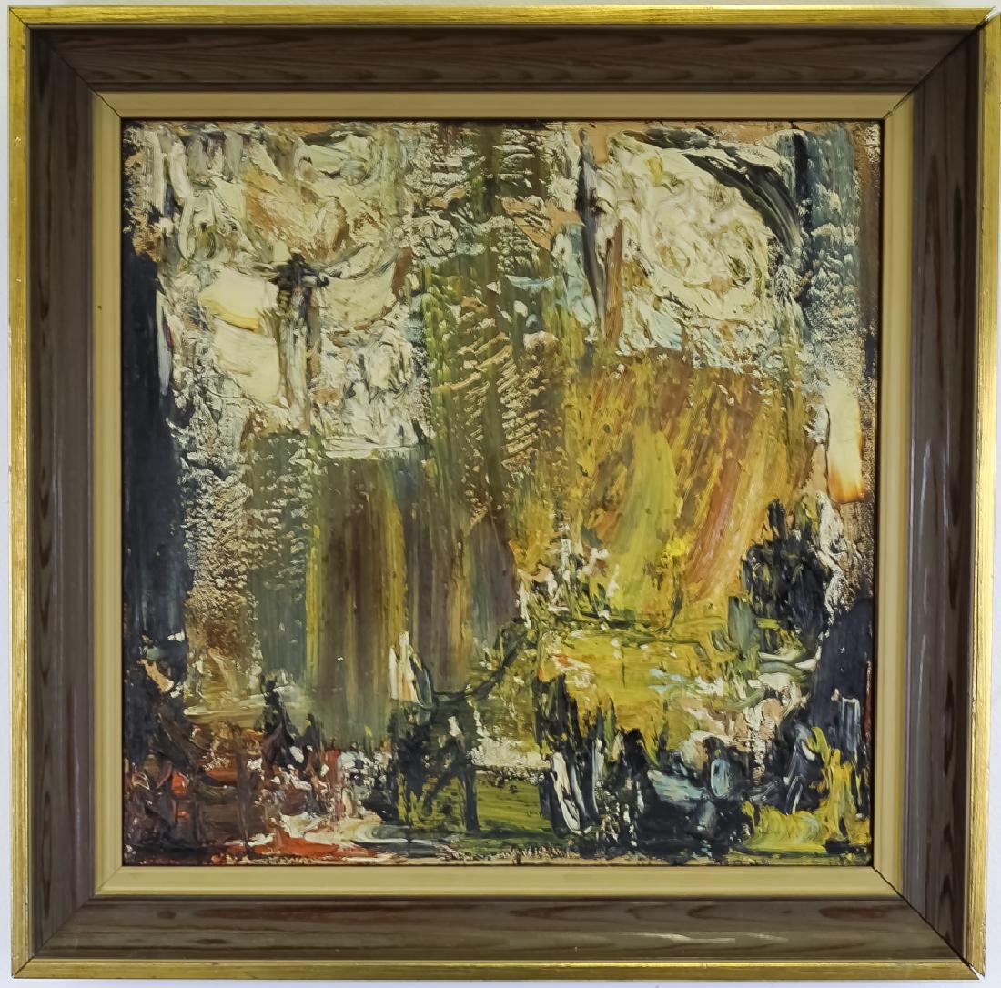 Joachim Probst 1913-1980 American Oil Art Painting: Joachim Probst (1913 - 1980) New York, United States. Original abstract oil painting on canvas. Title: "Campbell Series #24" Artwork depicts surreal landscape setting with textured paint with hues of